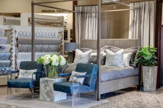 Custom Bed Blue Leathers Chairs Pillows Bedding Side Table