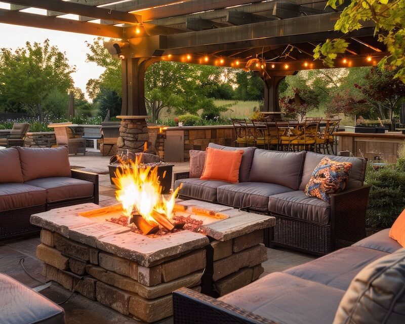 Outdoor living area with comfortable seating and a fire pit